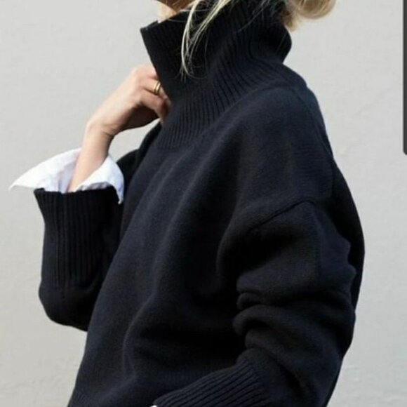 Boxy Cropped Knit Polo/Turtle neck sweater sz M - Black - Picture 1 of 15